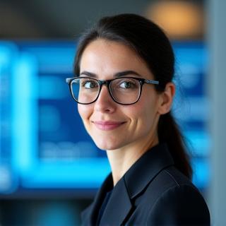 Portrait of CTO Dr. Lena Schneider, a woman with glasses looking at code.