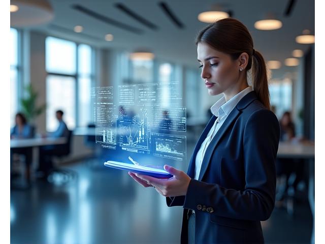 A business professional analyzing data on a tablet, surrounded by abstract graphs and charts, representing a financial audit and efficiency.
