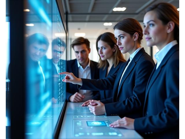 A team of diverse professionals collaborating around a futuristic console, symbolizing dedicated, attentive enterprise support and consultation.