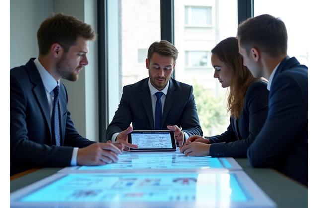 Team of legal and compliance experts in a modern office collaborating on a digital interface