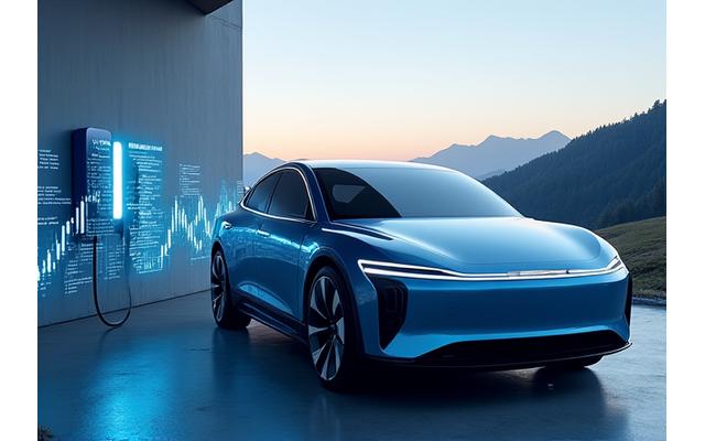 Sleek electric vehicle charging with digital overlay showing financial benefits