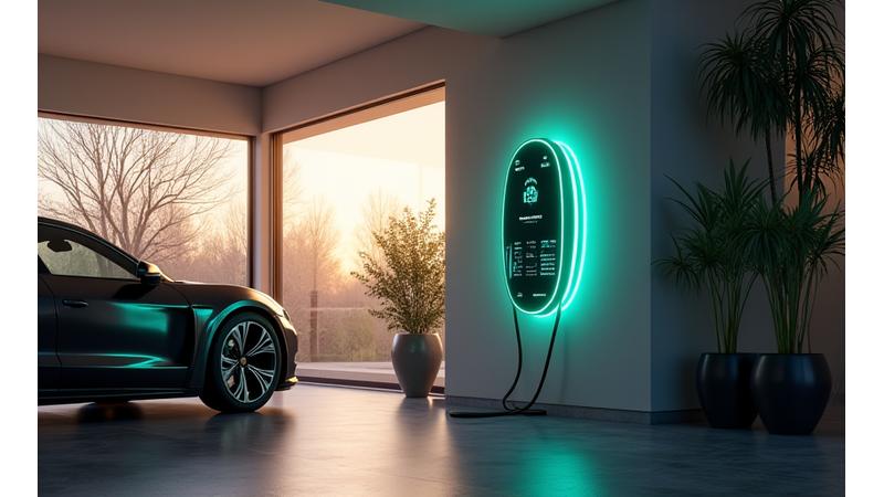 Modern EV home charging station with a subtle overlay of financial reports