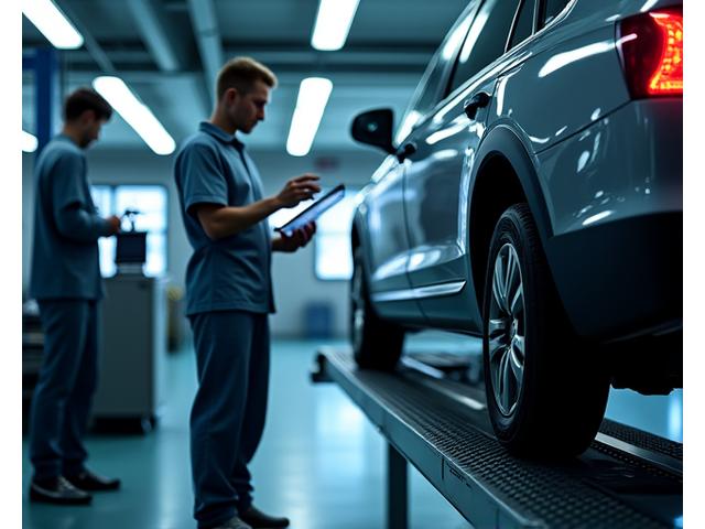Technician performing a detailed vehicle inspection with diagnostic tools, emphasizing precision and compliance