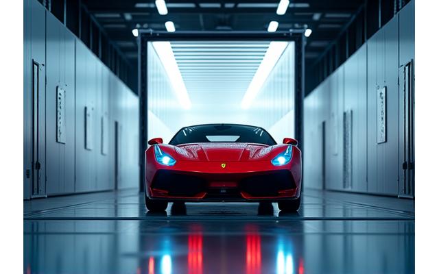 Luxury sports car being unloaded off a transport vehicle, symbolizing high-value imports