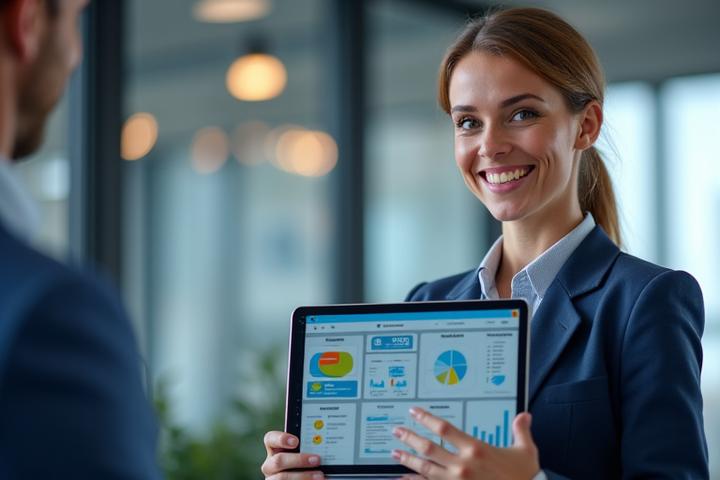 Smiling corporate fleet manager looking at data on a tablet