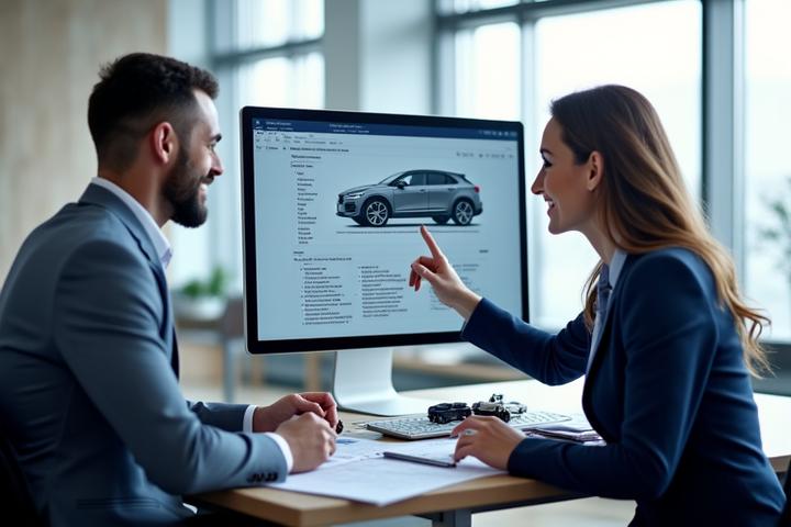 Business professional reviewing vehicle import documents with a smile