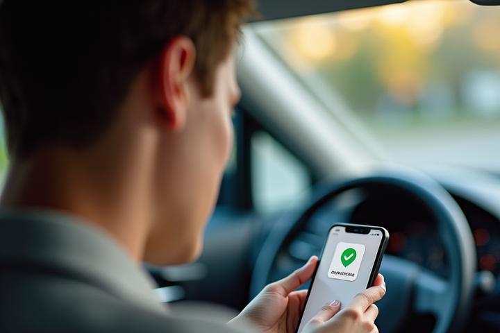 Relieved individual looking at a smartphone, avoiding a fine