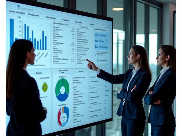 Corporate Fleet Manager analyzing data on a large screen with vehicle icons