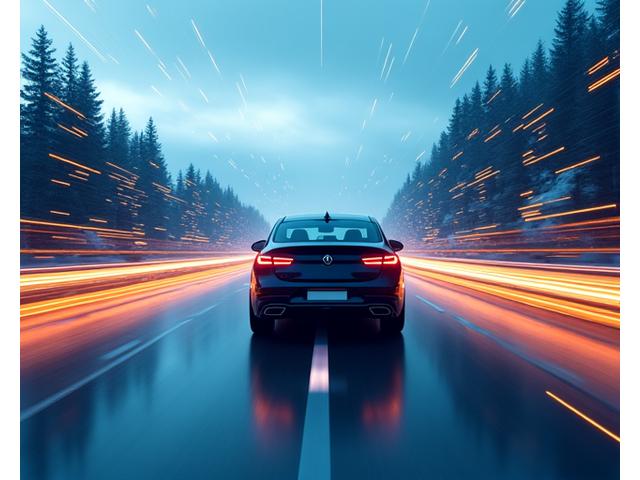 Car driving across a border crossing with digital overlays