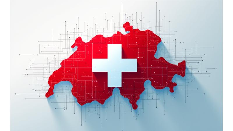 Illustration of Swiss flag intertwined with digital data lines, representing Swiss data protection laws