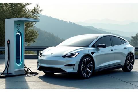 An electric car charging at a sleek, modern charging station in a scenic Swiss mountain backdrop, symbolizing green initiatives.