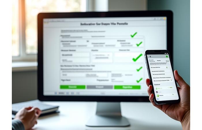 A computer screen displaying a digital form with auto-filled fields and a green checkmark, alongside a smartphone with a document scanning app.