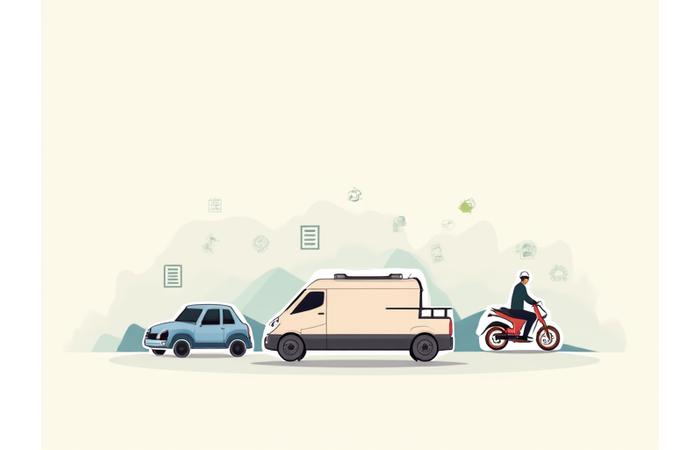 Diverse vehicles (car, motorcycle, van) digitally represented with document icons, illustrating various registration types.
